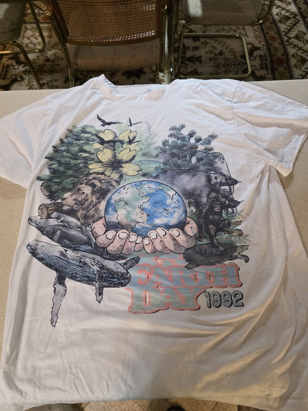 SHEIN White Short Sleeve Tee with Earth & Wildlife Graphic
